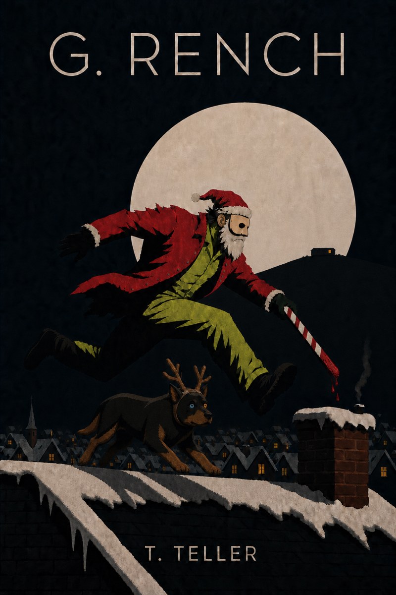 Cover of G. Rench: a masked figure in a red coat and green suit leaps across snowy rooftops under a full moon, a bloody candy cane in hand, an antlered dog running below.